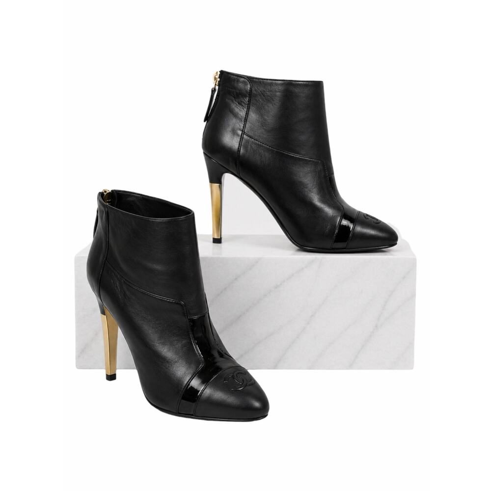 Chanel CC Logo Cap Toe Lamb Leather Heel Ankle Boots Black Size 38